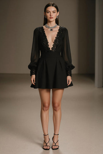 Robe de cocktail courte à manches longues en mousseline de soie noire à col en V profond